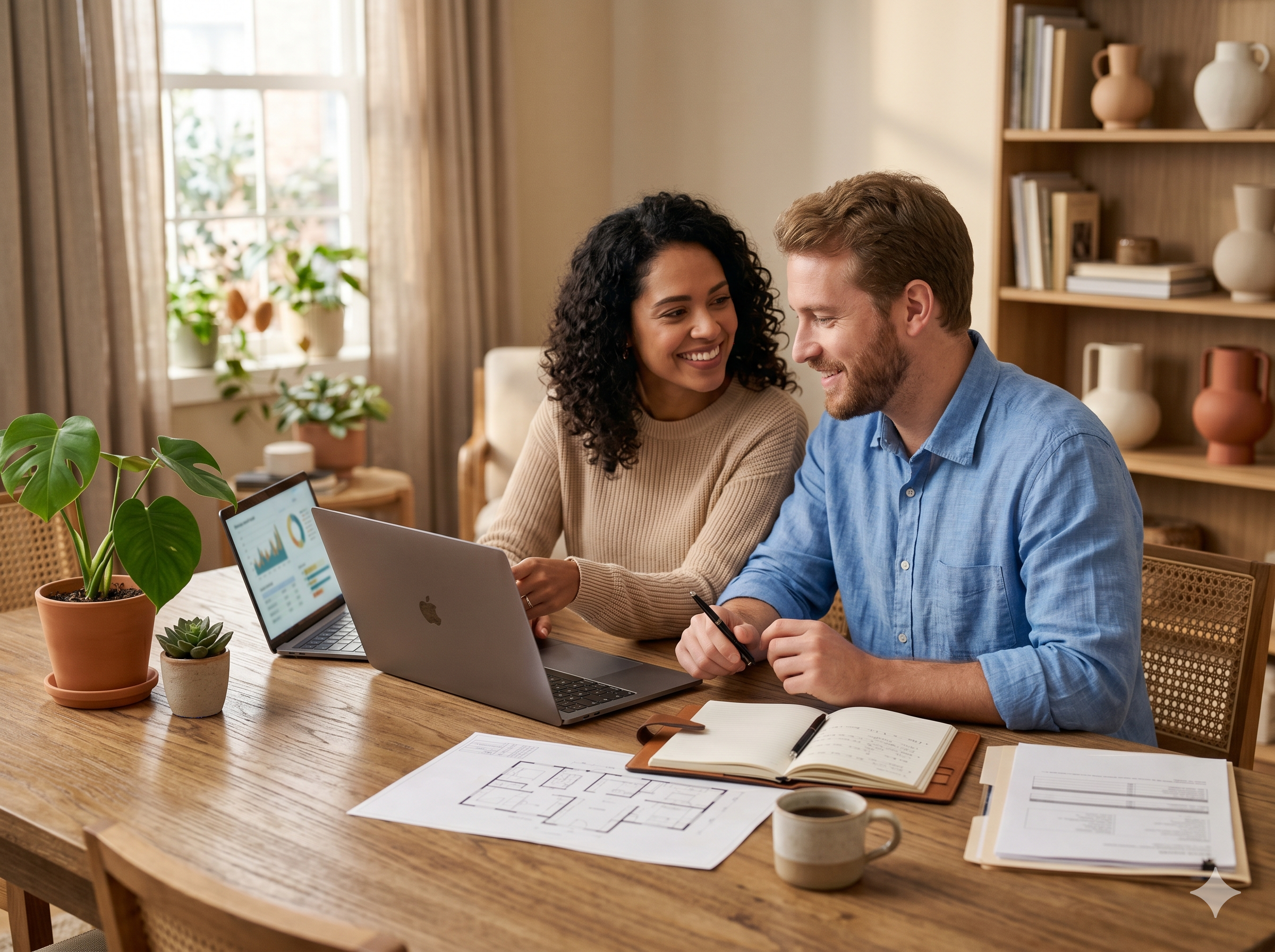 Casal planejando a compra de um imóvel com notebook e documentos