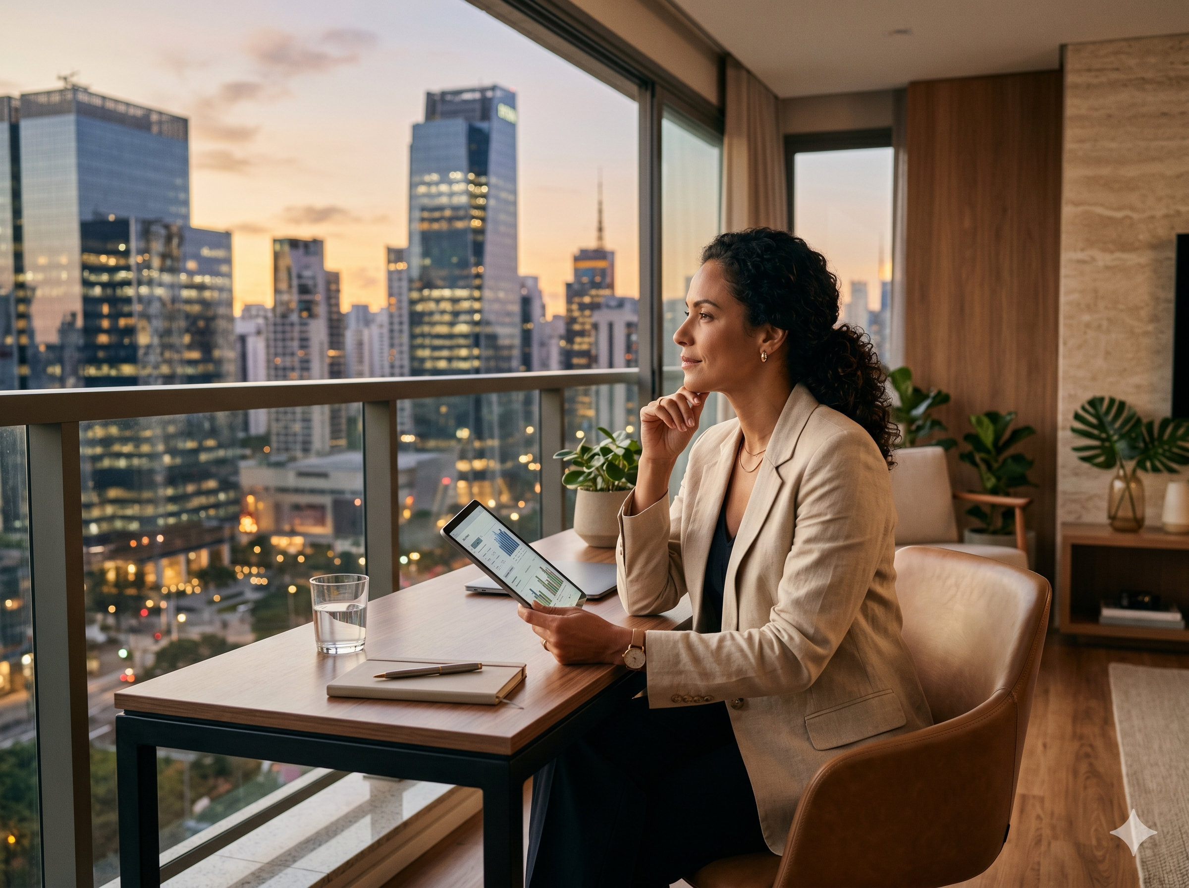 Investidora analisando oportunidades imobiliárias com vista urbana